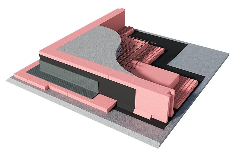 3D vizualizacija tipične izvedbe temeljne plošče z uporabo JUBHome BASE sistema; od podložnega betona, do zalite temeljne plošče.